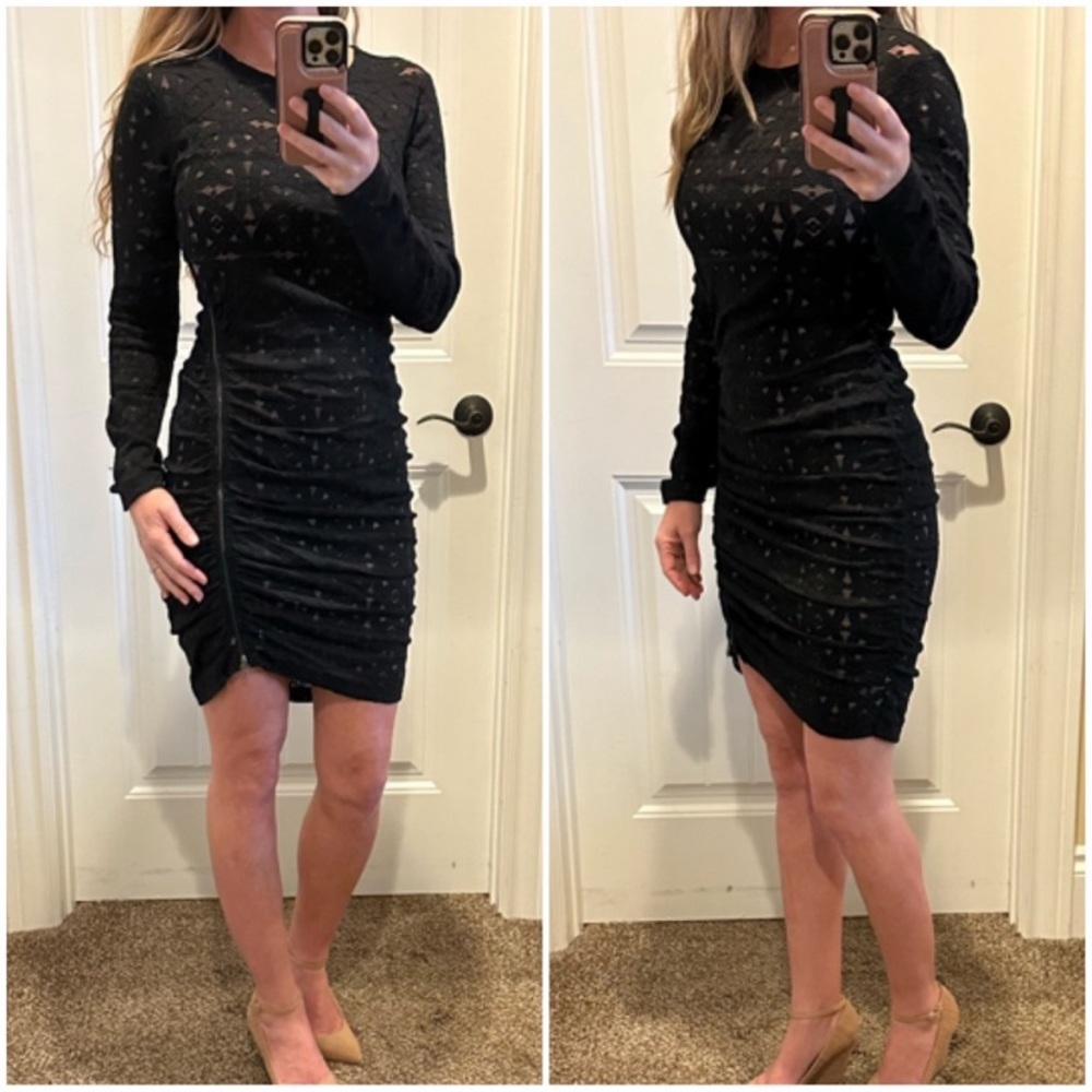BCBGMaxAzria Alesandra Black Lace Long Sleeve Ruched Dress With Zipper Detail - Picture 16 of 16